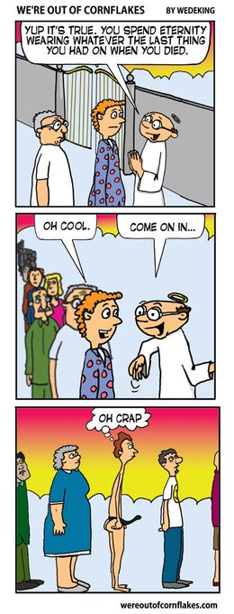 The image is a comic strip by Wedeking titled "We're Out of Cornflakes" where St. Peter at the Pearly Gates tells a newly arrived person that they're out of Cornflakes and must spend eternity wearing whatever they had on when they died, revealing the deceased was wearing only a thong, prompting an "Oh Crap" reaction. 

The humor parallels the post's message about onboarding: just as this person is stuck with their "first impression" outfit forever, users in Web3 onboarding are judged by their initial experience—their first transaction modal, error messages, and gas estimates determine whether they stay or abandon the protocol permanently.