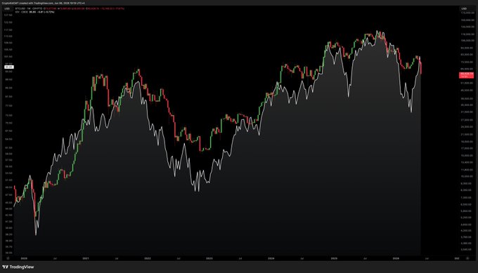 The image shows a close-up of a computer monitor displaying two stock charts, one for Bitcoin (BTC) and another for an ETF related to software companies (IGV). The two charts display overlapping areas with varying shades of red, green, and blue colors representing different market conditions. This visual representation helps understand the relationship between Bitcoin's price fluctuations and the corresponding index performance in the software sector.