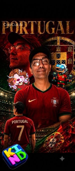 A stylized graphic poster with 'PORTUGAL' text at the top, featuring a man in a Portugal soccer jersey with a Cristiano Ronaldo jersey (#7) visible below, alongside various decorative elements.