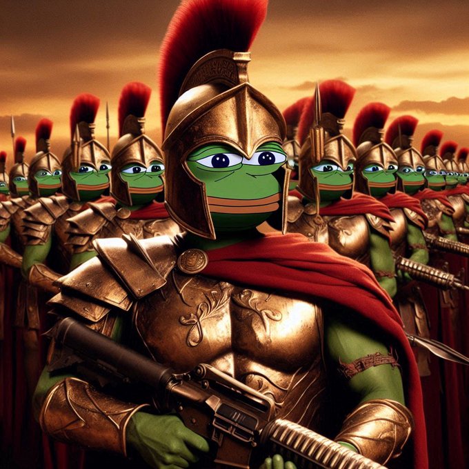 Epic fantasy artwork showing an army of Pepe the Frog soldiers in golden Roman-style armor with red-plumed helmets and capes, holding rifles against a sunset sky.