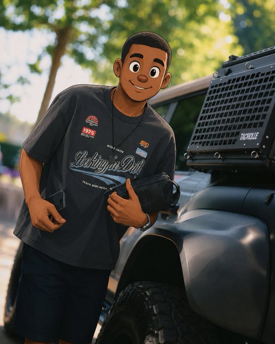 An animated illustration of a smiling young man in a black graphic t-shirt standing next to a vehicle with a roof rack, holding a phone and a small bag.