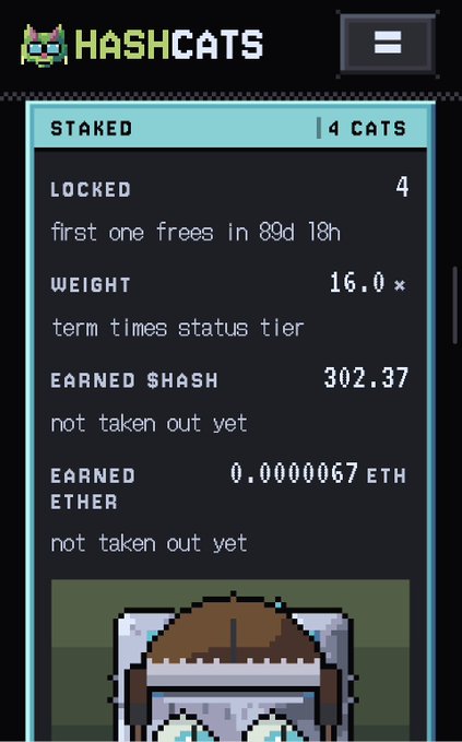 A screenshot of a pixel art game called 'HASHCATS' showing a 'STAKED' panel with 4 locked cats, a weight of 16.0x, 302.37 earned $HASH, and 0.0000067 ETH earned.