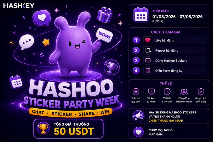 A promotional graphic in Vietnamese for the 'HASHOO STICKER PARTY WEEK' by HASHKEY, running from 01/08/2026 to 07/08/2026, featuring a cute purple bunny mascot and outlining participation steps and a 50 USDT prize pool.