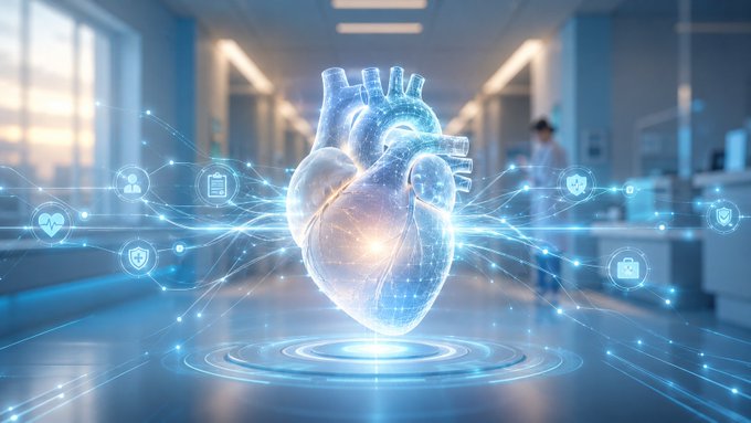 A glowing, holographic 3D model of a human heart floats in a modern medical facility, surrounded by digital data streams and medical icons, symbolizing the integration of healthcare with advanced technology. This aligns with #IOTA's focus on enabling secure, decentralized data sharing for applications like healthcare and the Internet of Things (IoT).