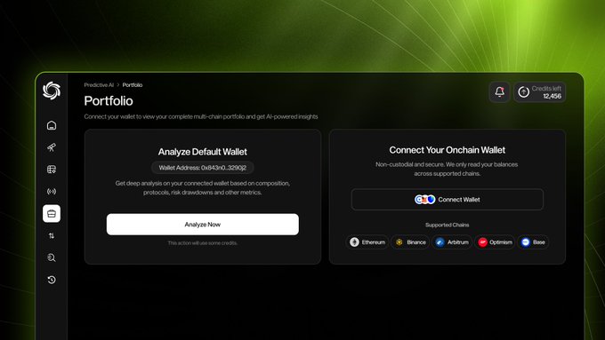 The image shows the Eon platform's Portfolio dashboard featuring two main panels: "Analyze Default Wallet" for the address 0x41340...32002 with an "Analyze Now" button, and "Connect Your Onchain Wallet" with a "Connect Wallet" option. The interface supports five chains—Ethereum, BNB, Arbitrum, Optimism, and Base—aligning with the post's message of consolidating multi-chain portfolio analysis into a single unified view rather than managing multiple tabs.
