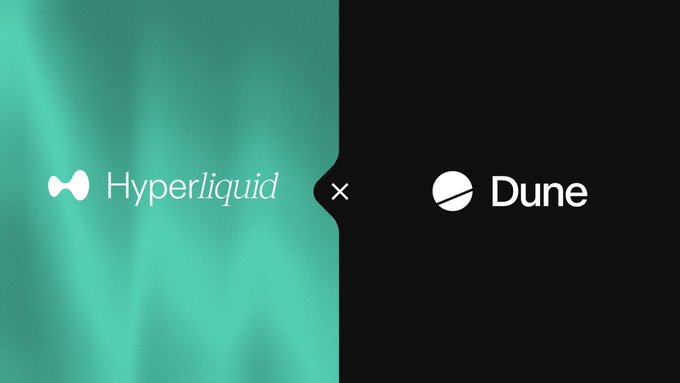 The image features a split green and black background with logos for "Hyperliquid" and "Dune" separated by an "x," visually announcing the integration of Hyperliquid's HyperCore data onto the Dune analytics platform.