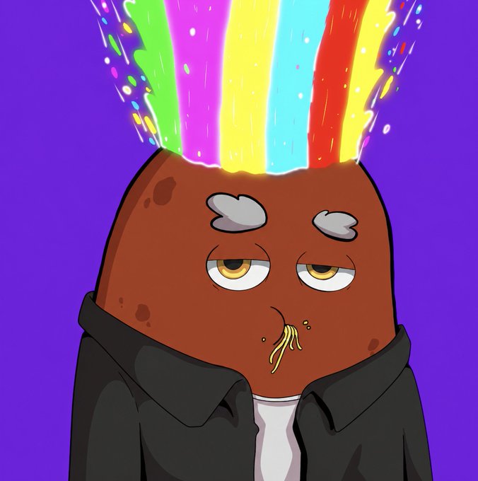 A brown potato NFT character with droopy eyes, drool, and a colorful rainbow ink spray erupting from its head stands against a purple background, dressed in a black jacket. The vibrant, glitchy aesthetic reflects the chaotic hype of the free mint drop announcement, visually representing the "ink chain" and energetic launch teased in the post.