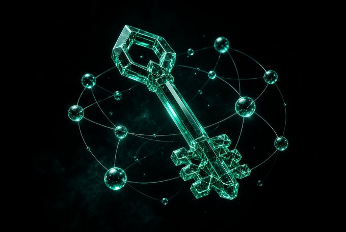 A glowing green crystalline key floats against a dark background, surrounded by orbiting green spheres connected by thin lines.