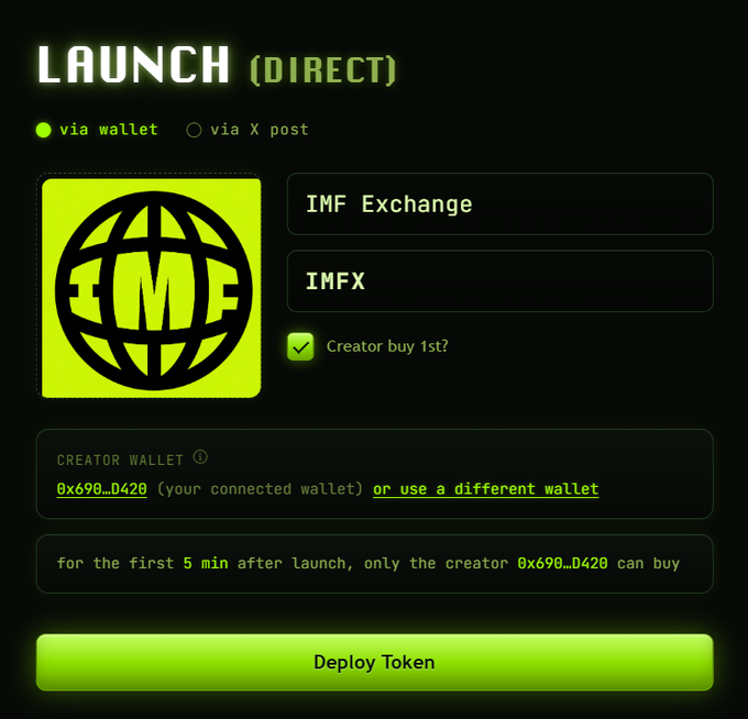 A 'LAUNCH (DIRECT)' interface for deploying a token called IMF Exchange (IMFX) with options 'via wallet' or 'via X post', showing a connected creator wallet and a green 'Deploy Token' button.