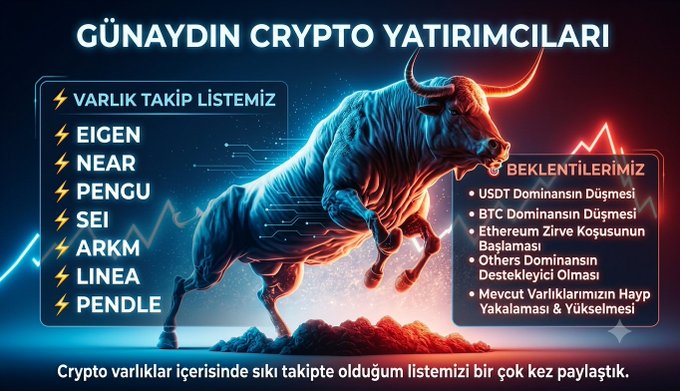 A Turkish-language crypto graphic titled 'GÜNAYDIN CRYPTO YATIRIMCILARI' featuring a bull, listing a tracking list of assets (EIGEN, NEAR, PENGU, SEI, ARKM, LINEA, PENDLE) and expectations such as USDT dominance decline and Ethereum supply burning.