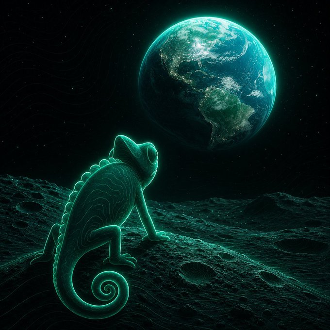 A glowing teal chameleon with a curled tail stands on a rocky, cratered surface, gazing up at Earth, which hangs in a dark, starry sky.