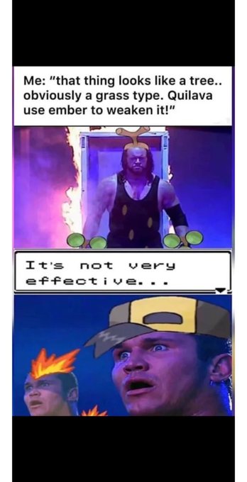 The image shows a cartoon depiction of two men with one man wearing a yellow hat and the other wearing a black tank top. The cartoon depicts them as being in front of a burning building, with flames coming out of the windows. One of the men is holding a fire extinguisher while the other is looking at him. The caption below the image reads: "Me: That thing looks like a tree...obviously a grass type. Quailava use ember to weaken it".