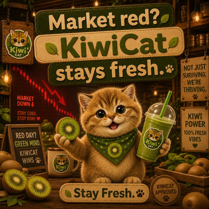 An AI-generated advertisement for 'KiwiCat' featuring an orange kitten holding a kiwi slice and a green smoothie, with text reading 'Market red? KiwiCat stays fresh.' and 'Not just surviving, we're thriving.'