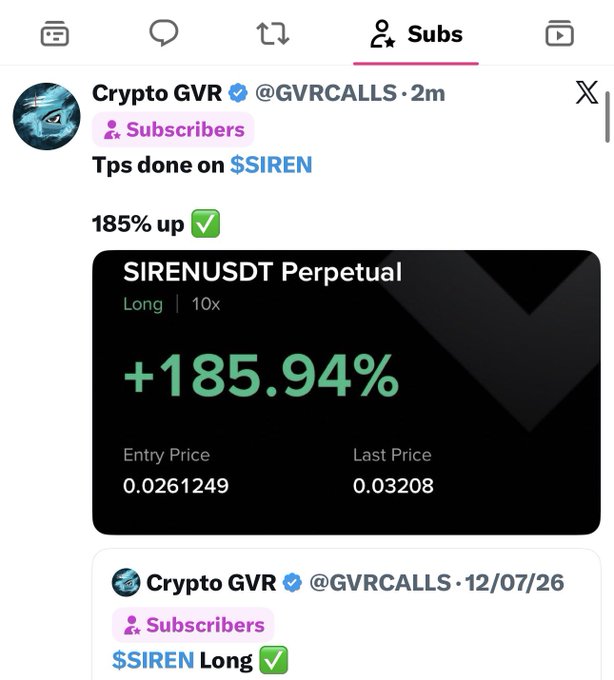 A tweet from Crypto GVR (@GVRCALLS) celebrating Trade 786, showing a +185.94% gain on a 10x long position for the SIRENUSDT perpetual pair, with an entry price of 0.0261249 and last price of 0.03208. The post promotes the caller's track record to encourage subscriptions for more trade signals.