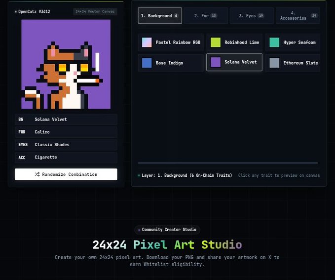 The image shows the "OpenCatz #3412" interface for a 24x24 Pixel Art Studio, featuring a pixelated cat with traits like Solana Velvet background, Calico fur, Classic Shades eyes, and Cigarette accessory, with customization options for Background, Fur, Eyes, and Accessories. The screen displays color palettes including Pastel Rainbow RGB, Robinhood Lime, Hyper Seafoam, Base Indigo, Solana Velvet, and Ethereum Slate, reflecting the creator's exploration of the onchain pixel art collection within the Opencatz ecosystem.