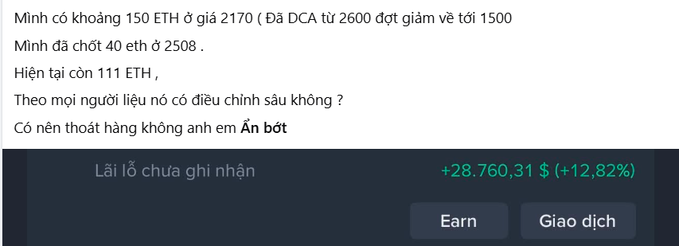 A Vietnamese-language message discussing cryptocurrency holdings (150 ETH bought at $2170, sold 40 ETH at $2508, remaining 111 ETH), asking whether to hold or exit, alongside a profit display of +$28,760.31 (+12.82%).