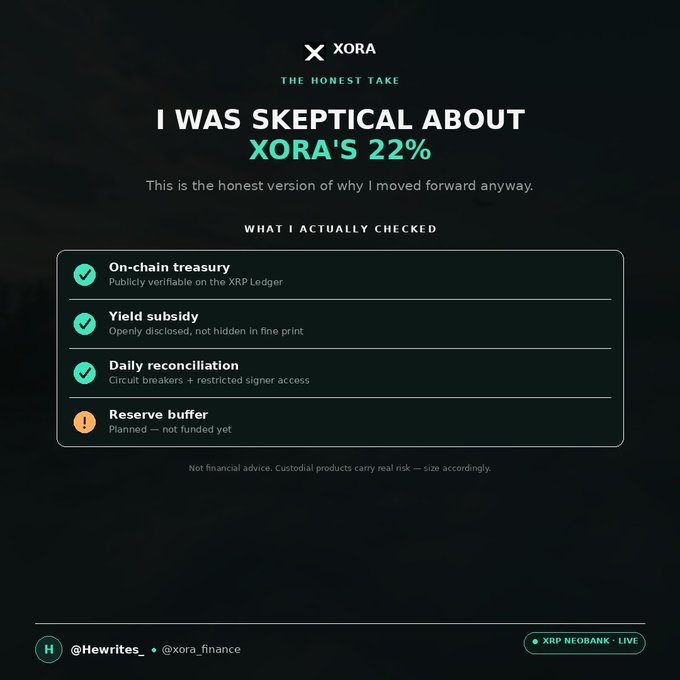 This image details the author's investigation into XORA's 22% yield, including checks on its on-chain treasury, yield subsidy, daily reconciliation, and reserve buffer status. It accompanies a post admitting initial skepticism and a "lie" about their due diligence process.