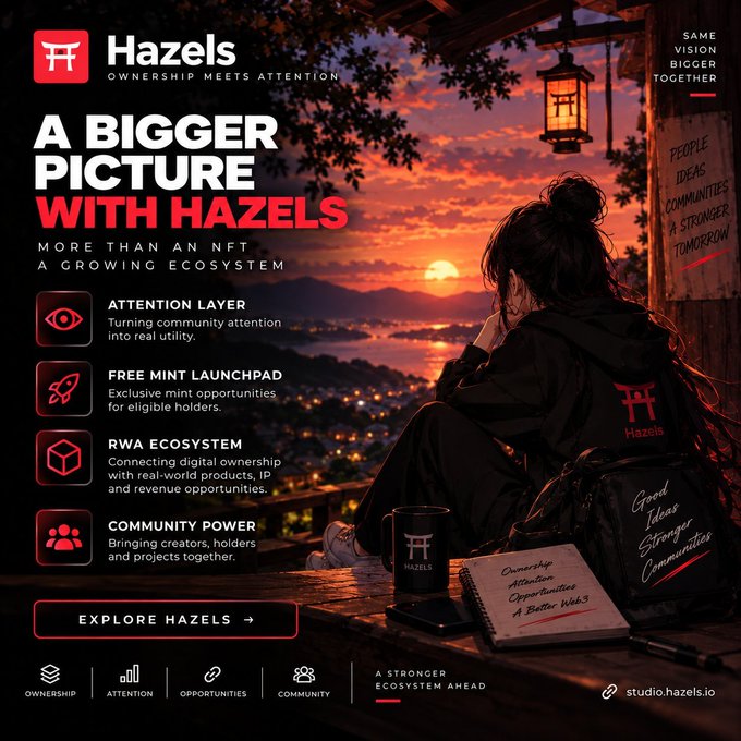 A promotional graphic for 'Hazels' with the tagline 'A BIGGER PICTURE WITH HAZELS', featuring a person overlooking a sunset and listing features like Attention Layer and Free Mint Launchpad, with the website studio.hazels.io.