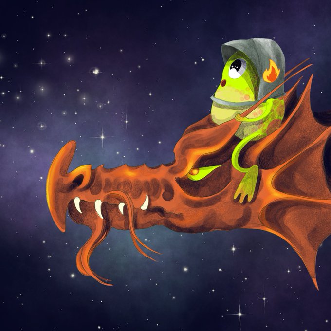 Digital illustration of a green frog character wearing a helmet, riding a red-orange dragon against a starry night sky background.