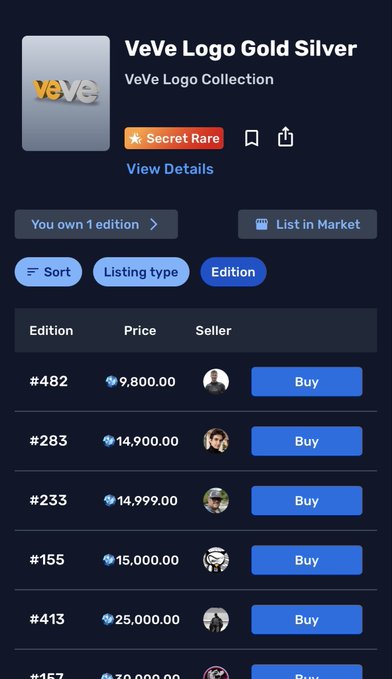 A screenshot of a mobile marketplace showing the "VeVe Logo Gold Silver" collection marked as "Secret Rare", listing various editions for sale ranging from 9,800 to 70,000 in price.