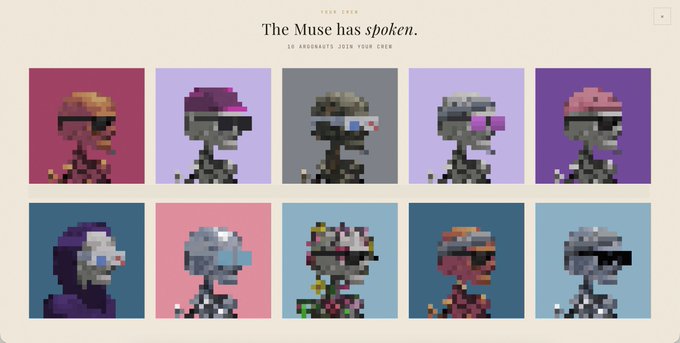 The image features a webpage titled "The Muse has spoken. 10 ARCONAUTS JOIN YOUR CREW" displaying a grid of 10 pixel art skeleton figures wearing various colorful hats and sunglasses against different colored backgrounds. This relates to the post about "Argonauts by @lphaCentauriKid," showcasing a generative pixel art NFT collection where the ten unique skeleton characters represent the argonauts that have joined the user's crew.