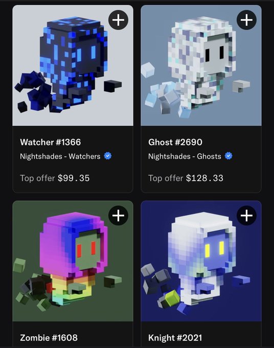 A mobile app screen displaying four pixelated voxel NFT characters for sale: Watcher #1366 (Top offer $99.35), Ghost #2690 (Top offer $128.33), Zombie #1608, and Knight #2021, all from the 'Nightshades' collection.