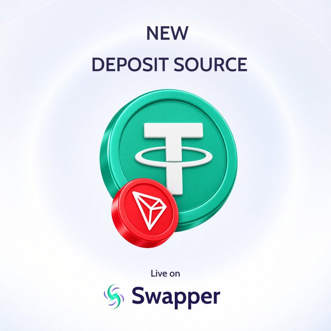 A promotional graphic announces a 'NEW DEPOSIT SOURCE' featuring Tether (USDT) and TRON (TRX) cryptocurrency logos, with text indicating it is 'Live on Swapper'.