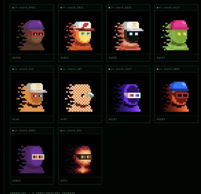 A pixel art NFT collection called SNARKLIST featuring various character portraits wearing different colored hats and 3D glasses, labeled as 'snark' with unique identifiers.