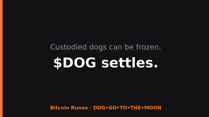 Promotional graphic on black background with orange accents reading "Custodied dogs can be frozen. $DOG settles." and "Bitcoin Runes • DOG•GO•TO•THE•MOON" at the bottom.