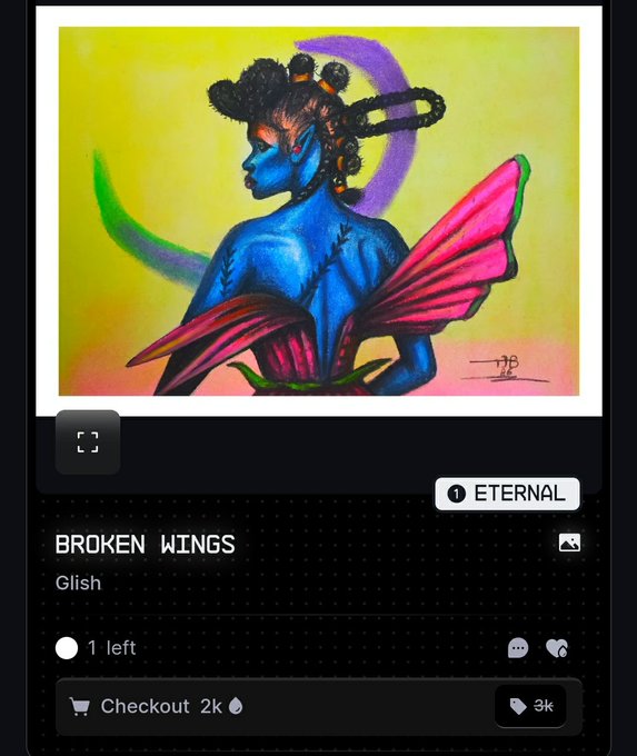 This NFT marketplace listing displays "BROKEN WINGS" by Glish, an "ETERNAL" tier piece priced at 3k (with only 1 remaining), featuring a vibrant blue-skinned winged figure with butterfly-like pink wings against a yellow background, directly showcasing the pastel and charcoal artwork referenced in the artist's promotional post.