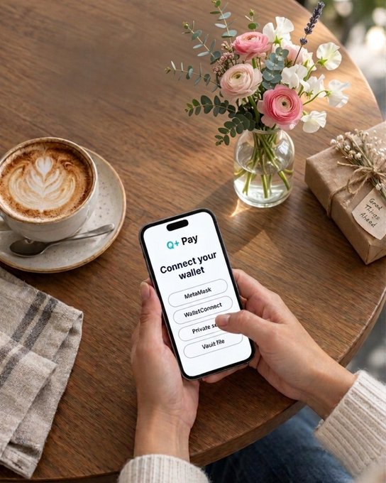A person's hands hold a smartphone displaying the 'Q+ Pay' app wallet connection screen, seated at a wooden table with a latte, flowers, and a small wrapped gift.