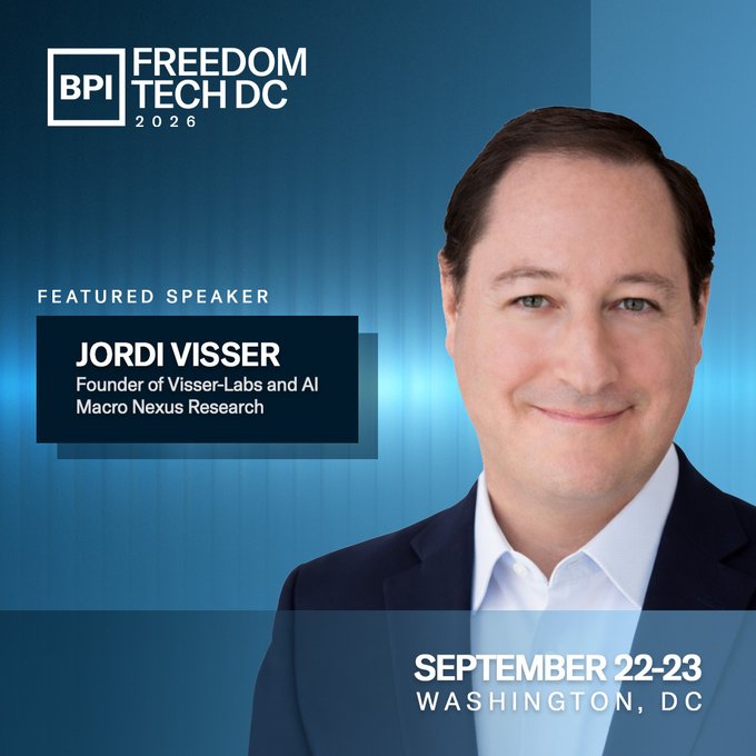 Promotional graphic for Freedom Tech DC 2026 (September 22-23 in Washington, DC) featuring speaker Jordi Visser, Founder of Visser-Labs and AI Macro Nexus Research, shown in a professional headshot against a blue background, highlighting his appearance at the Bitcoin policy summit.