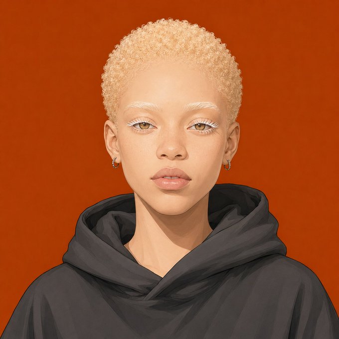 A digital portrait of a person with short blonde curly hair and white eyeliner, wearing a black hoodie against a solid orange background.