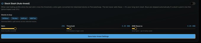 A dark-themed settings panel titled 'Stock Stash (Auto-Invest)' with sliders for 'Skin', '25% Threshold', '0.05 BNB BNB Reserve', and '0.05 BNB', plus a 'Save Auto-Invest Settings' button.