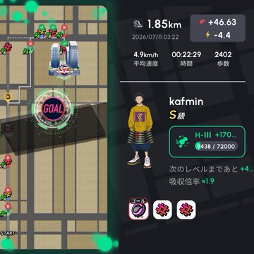 A Pokemon Go game screenshot showing a 1.85km egg, a level 43 player named kafmin, and a goal marker on the map.