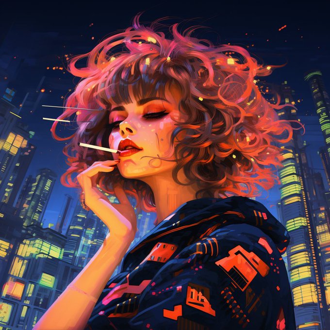A vibrant digital painting of a woman with curly pink and red hair smoking a cigarette, set against a neon-lit cyberpunk cityscape.