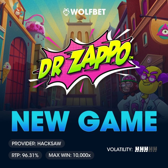 Promotional graphic from WOLFBET announcing the launch of the new slot game "Dr Zappo" by Hacksaw, featuring an RTP of 96.31%, max win of 10,000x, and high volatility (HHHHH), which ties into the giveaway post celebrating the game's release.