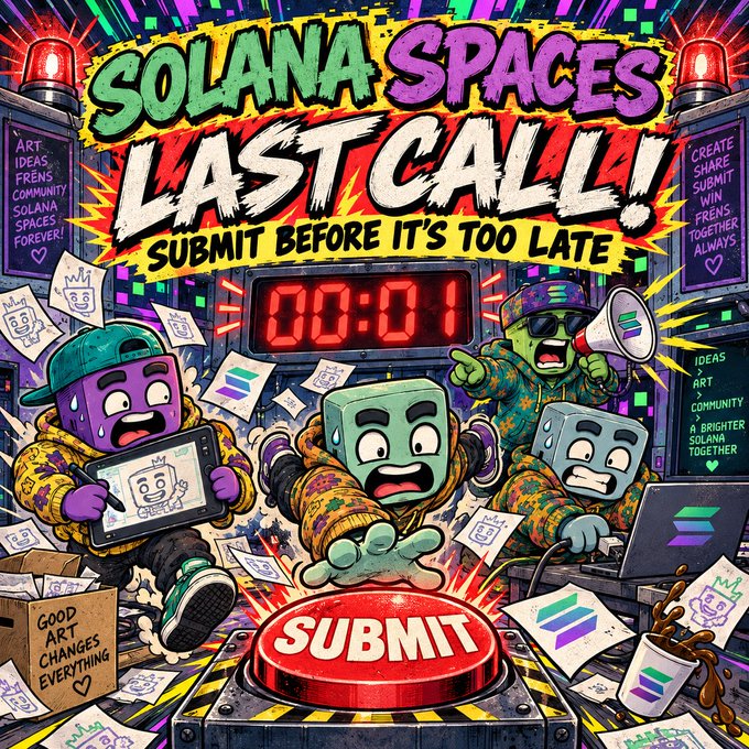 A colorful promotional graphic titled 'SOLANA SPACES LAST CALL!' urging viewers to 'SUBMIT BEFORE IT'S TOO LATE' with cartoon mascots and a countdown timer at 00:01.