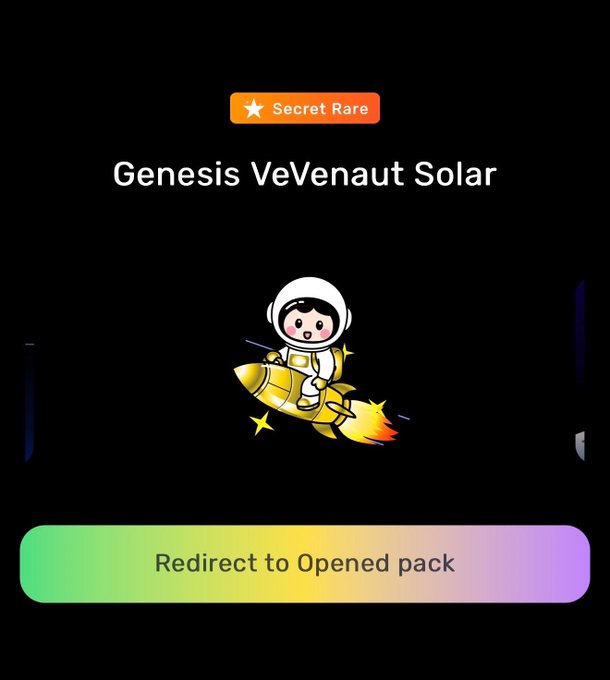 The image shows an open pack of Genesis VeVenna Solar game, with a cartoon character wearing a white helmet riding a yellow rocket ship against a black background. The text "1st pack opened and got a lil surprise..." indicates that the player has just started their first level in the game.