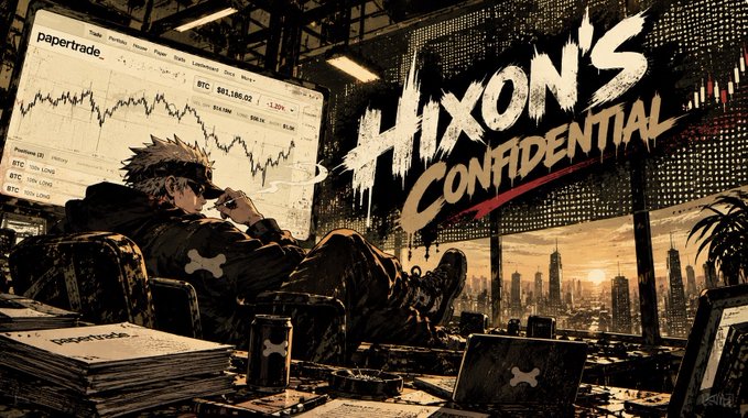 Stylized graphic titled 'HIXON'S CONFIDENTIAL' depicting a figure watching a papertrade chart showing BTC at $81,186.02.