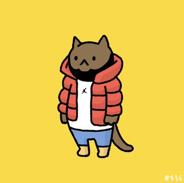 A cute cartoon illustration of a cat-like character wearing a red puffer jacket, white shirt, and blue pants standing against a yellow background, marked '#436'.