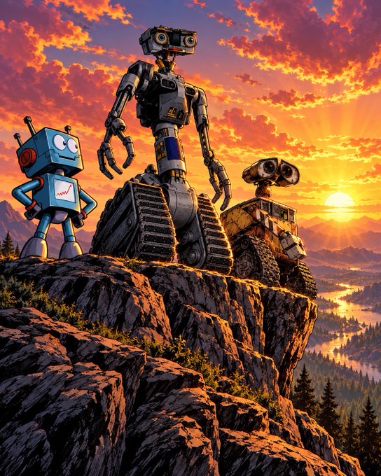 A stylized illustration of three vintage robots standing on a rocky cliff overlooking a river valley during a vibrant orange sunset.