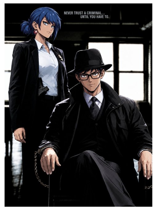 An anime illustration features a blue-haired woman in a suit standing behind a seated man in a black fedora and glasses, with the text 'NEVER TRUST A CRIMINAL... UNTIL YOU HAVE TO.'