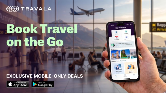 A promotional banner for the Travala travel app displaying 'Book Travel on the Go' and 'EXCLUSIVE MOBILE-ONLY DEALS,' with App Store and Google Play download buttons against an airport backdrop with a flying airplane.