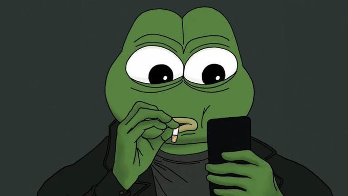 A cartoon depiction of Pepe the Frog, wearing a black jacket, smoking a cigarette while looking down at his phone—visually reinforcing the post's theme of being detached and disengaged from others, as if casually dismissing the missed opportunities mentioned.